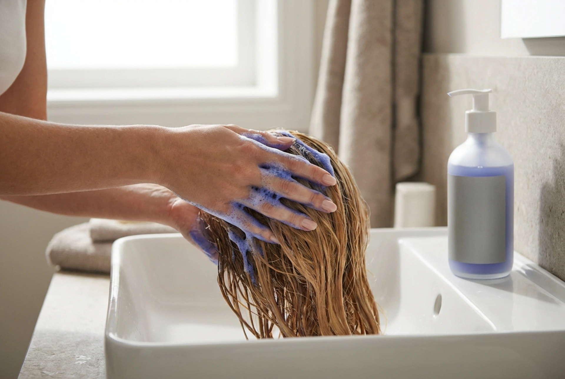 Blaues Shampoo: Neutralisierung von Kupfertönen beim Waschen