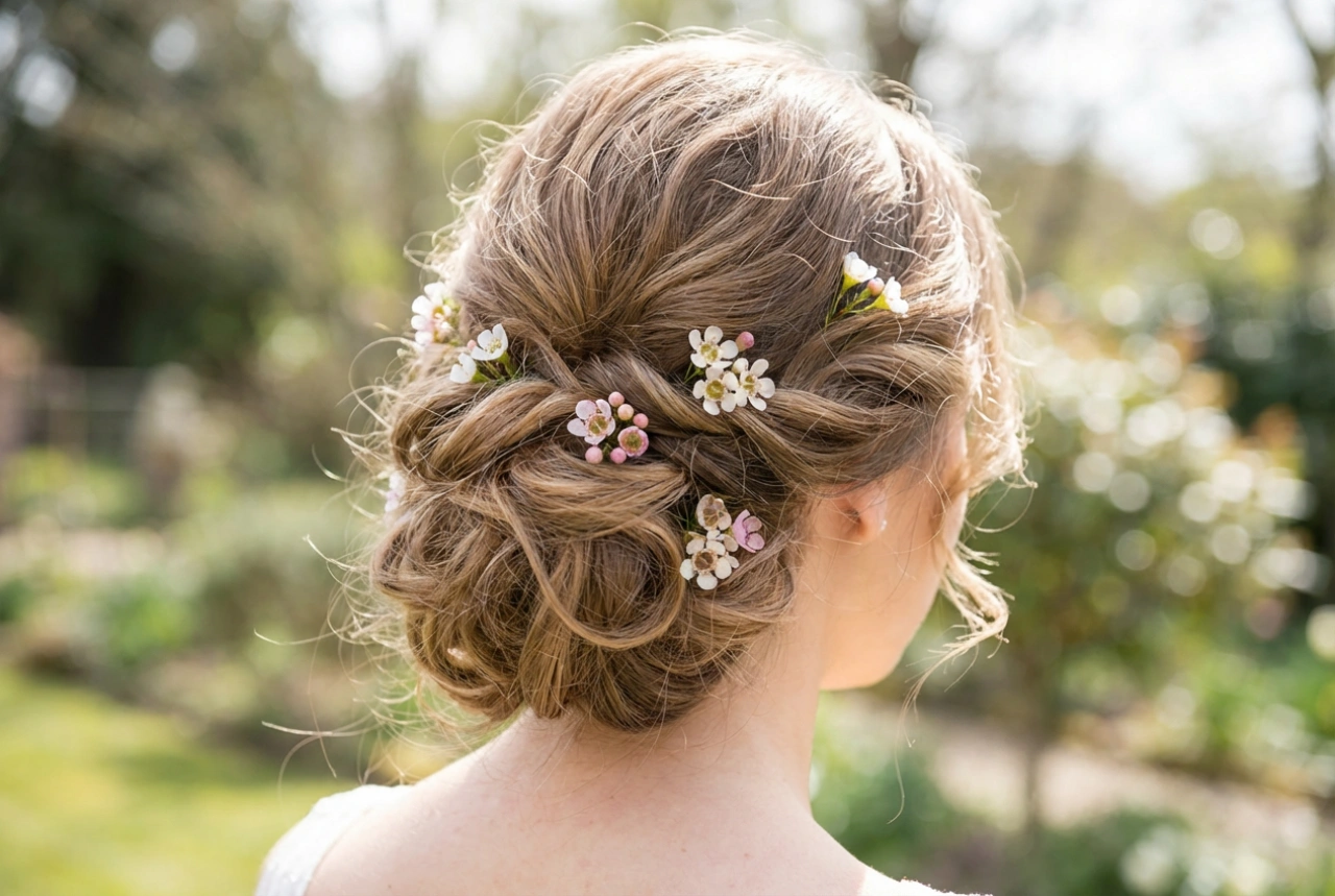 Frisuren für den Blumenkranz: Sanfte Hochsteckfrisuren, Wellen und Blütenbefestigung
