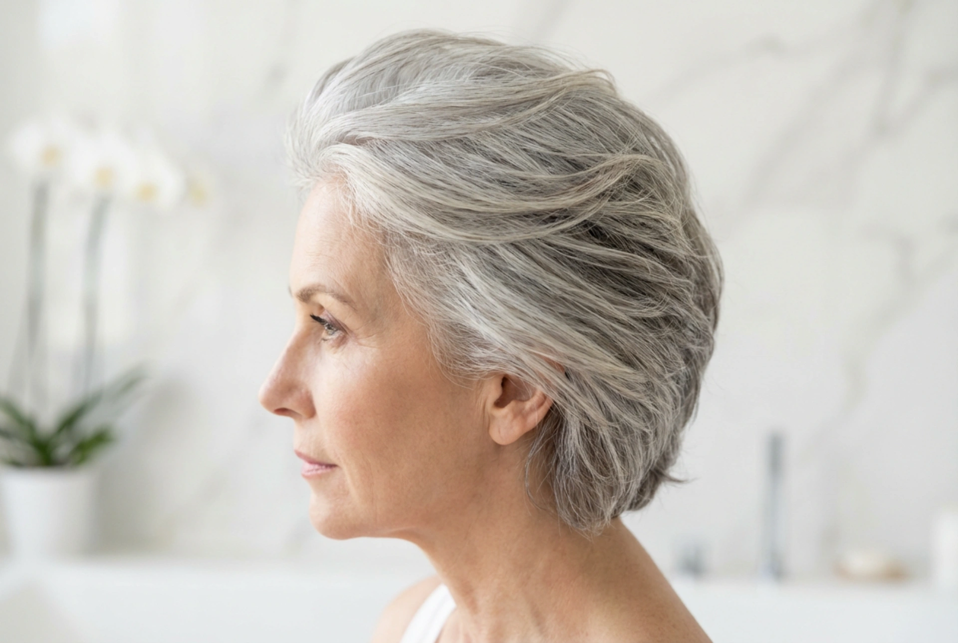 Stilvolle Schlichtheit: Eine Frisur für graues Haar mit Glanz und Textur