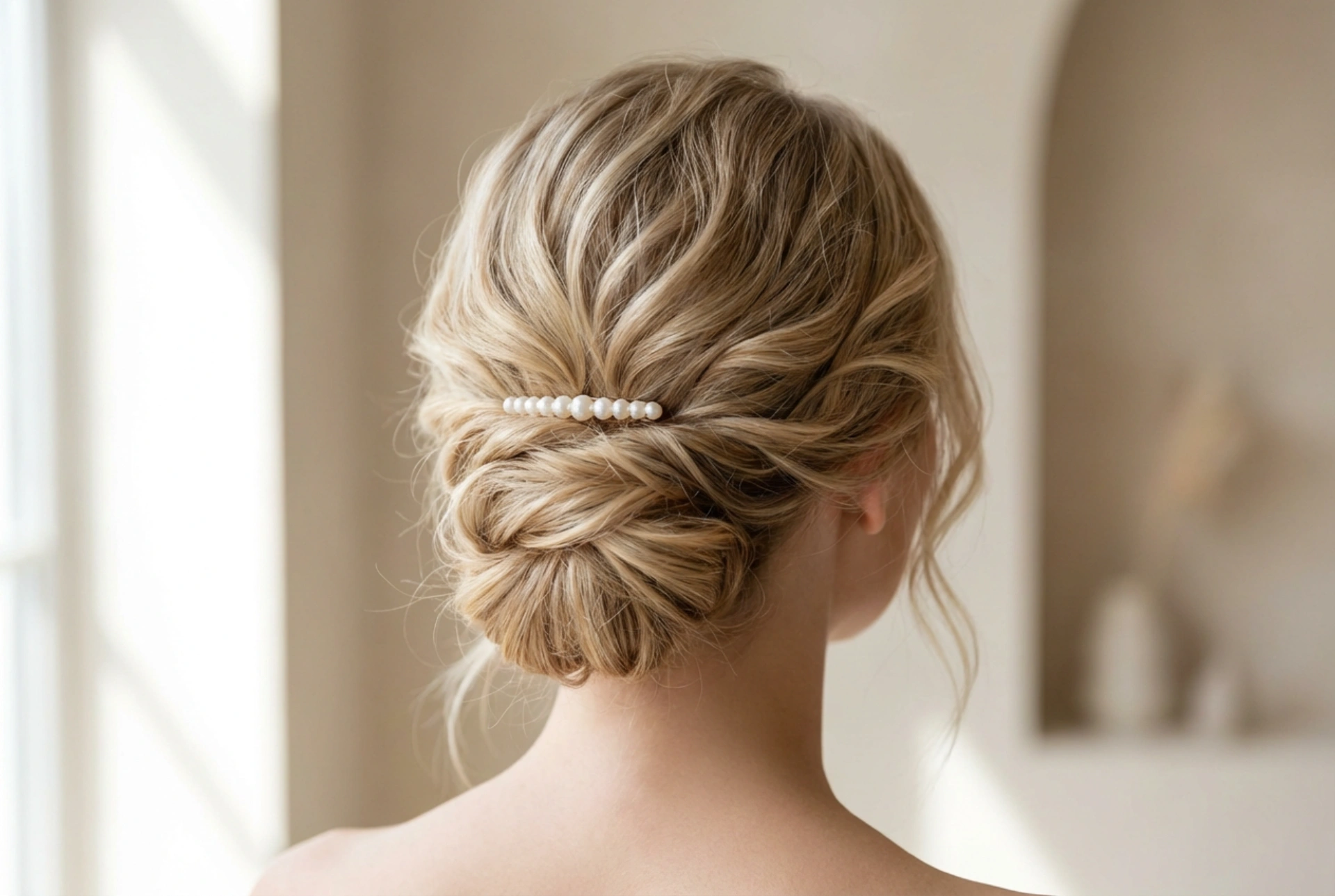 Elegante Frisur für die standesamtliche Trauung: tiefe Hochsteckfrisuren, Wellen und Accessoires