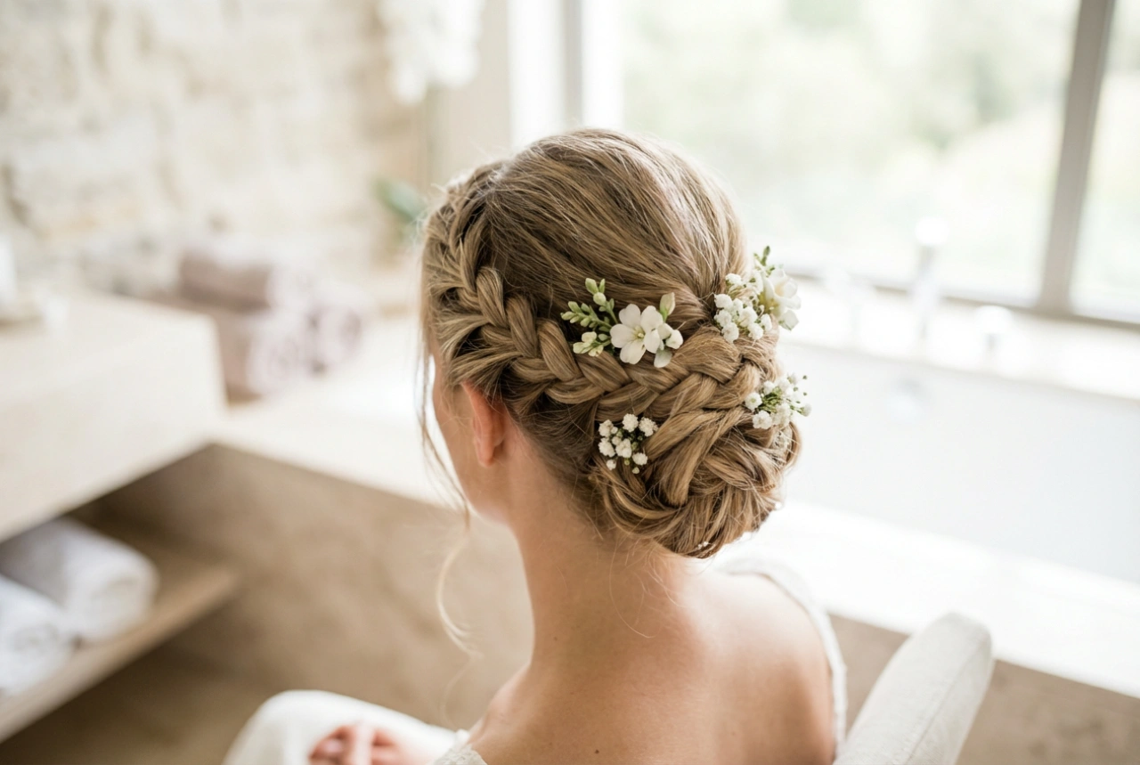 Brautfrisur mit Blumenkranz: Wie Sie Flechtfrisuren festigen und Blumen sicher befestigen