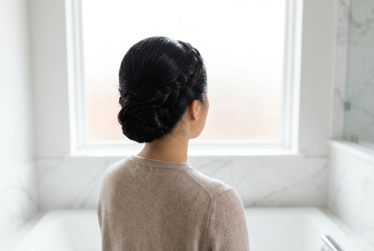 Schwedische Frisur im femininen Stil: Glatte Hochsteckfrisur und Sektionszöpfe