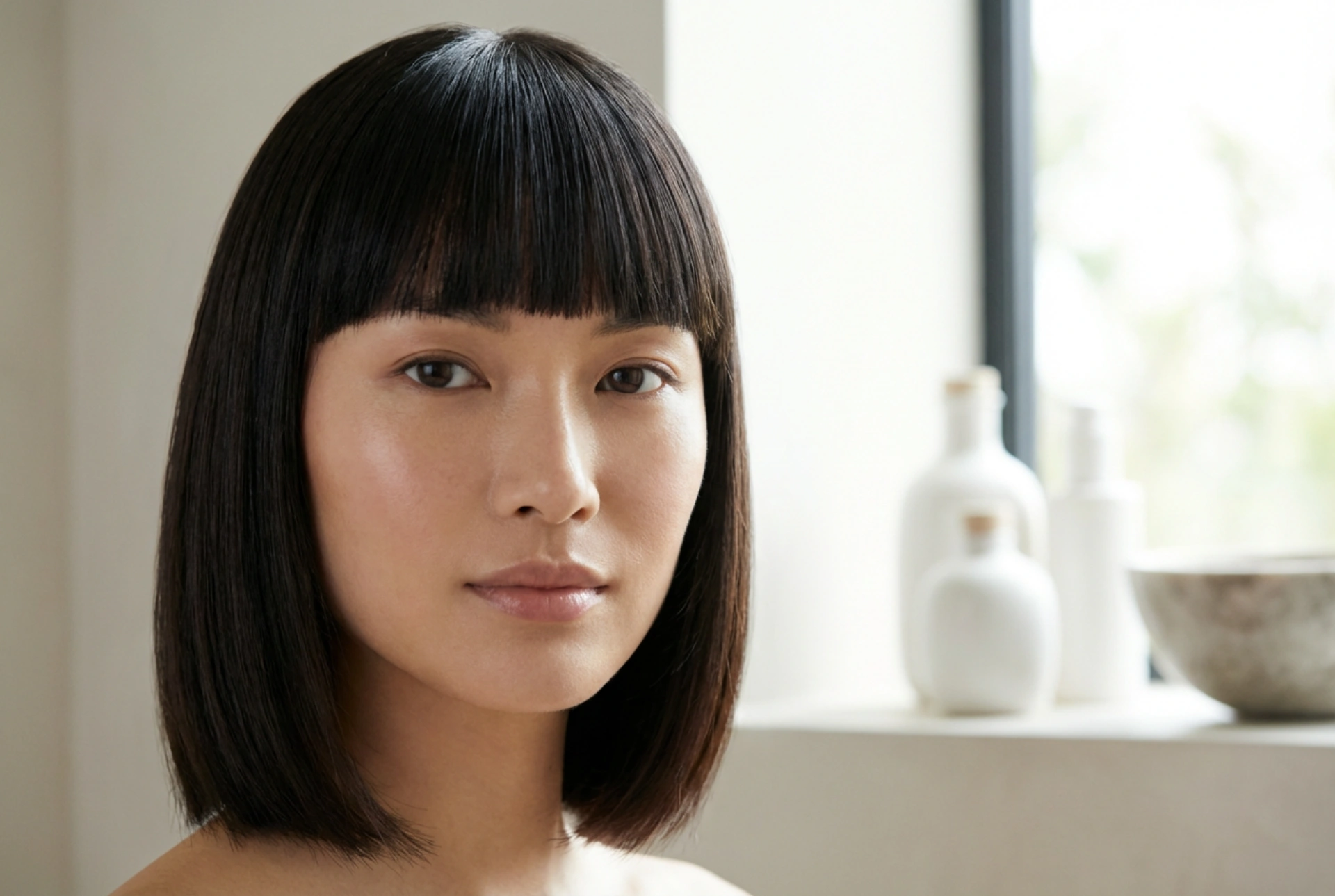 Glatte Linien: Frisur mit geradem Pony und Volumenkontrolle