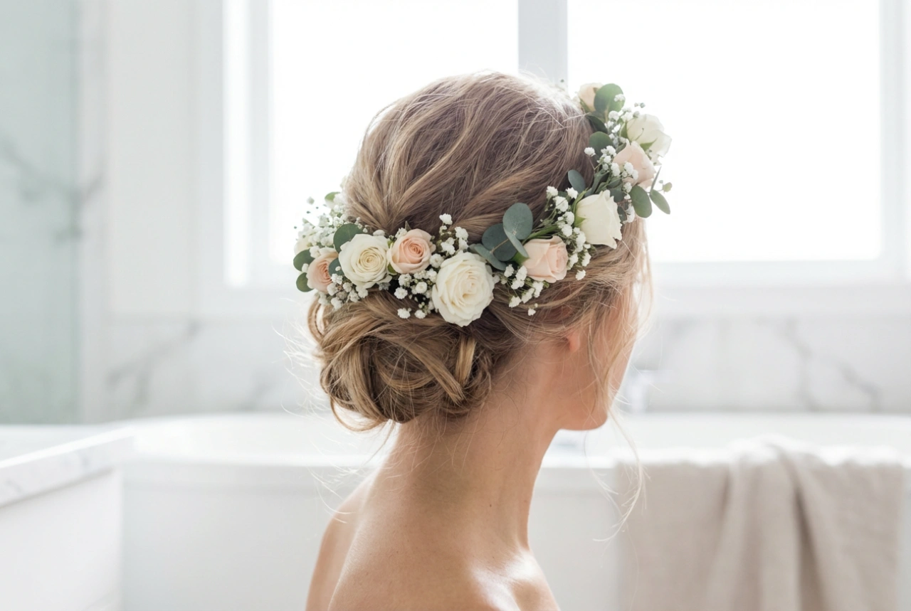 Romantische Hochsteckfrisuren: Frisuren mit Blumenkranz für Hochzeit und Sommer