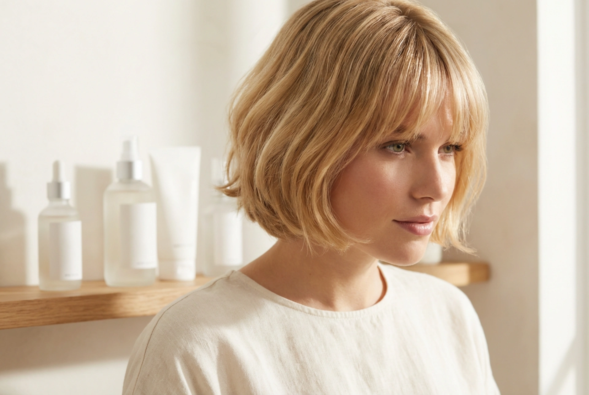 Kurzes blondes Haar mit Pony: Farbschutz und Volumen