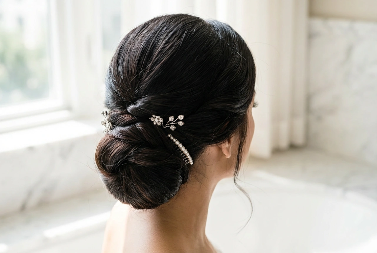 Hochzeitsfrisur: Haltbare Hochsteckfrisur, Kontrolle von Babyhaaren und Accessoires