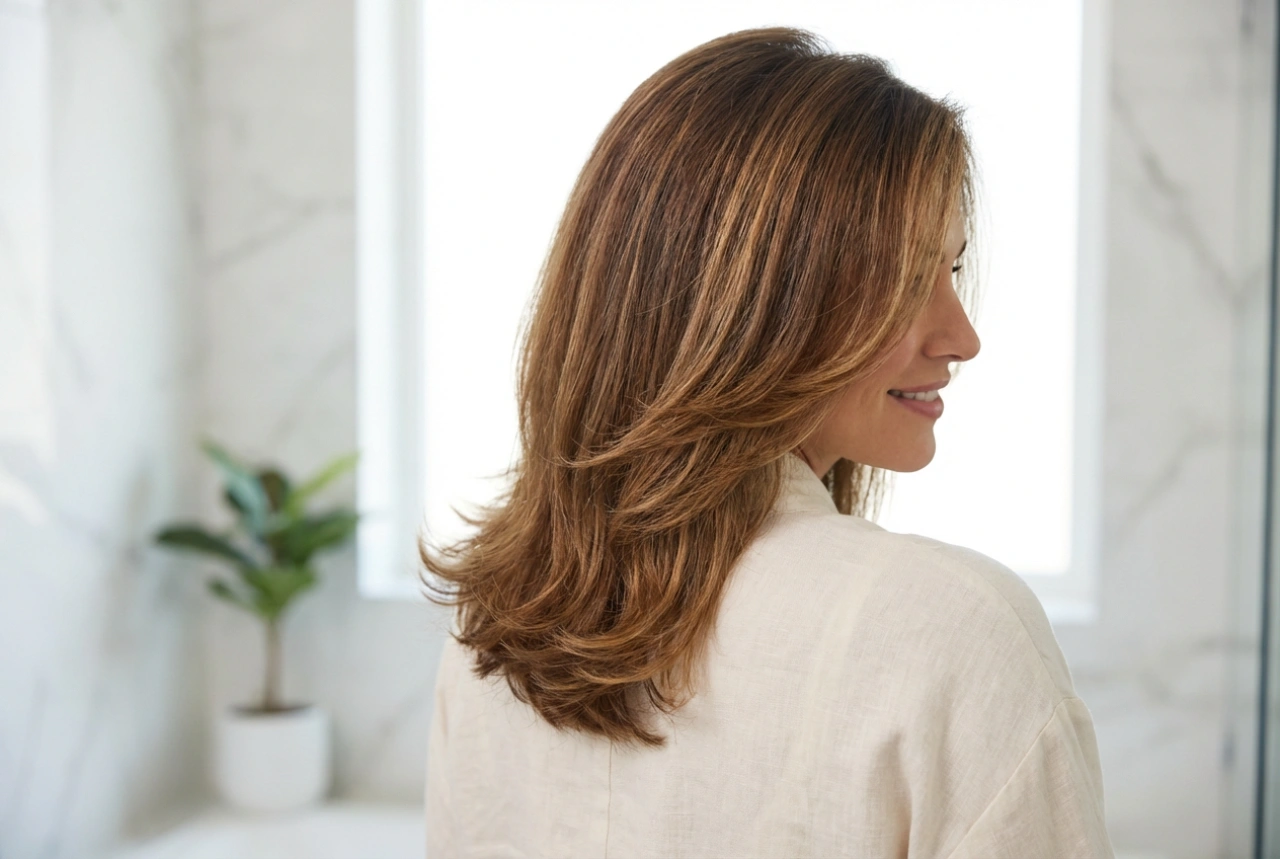 Gestuftes schulterlanges Haar: Styling, Ansatzvolumen und gepflegte Spitzen