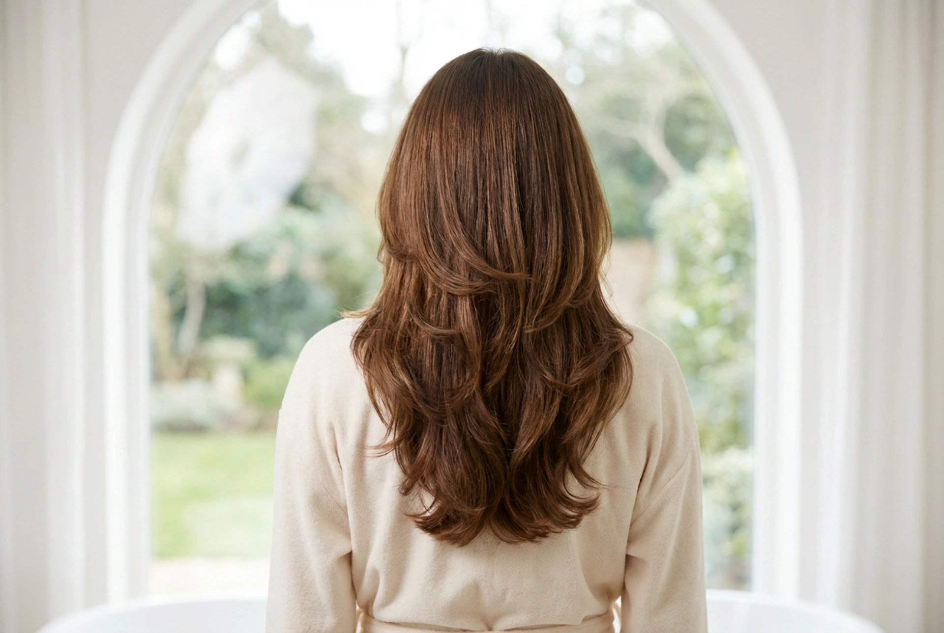 Langes, gestuftes Haar mit Pony: Kombination von Schichten und Styling