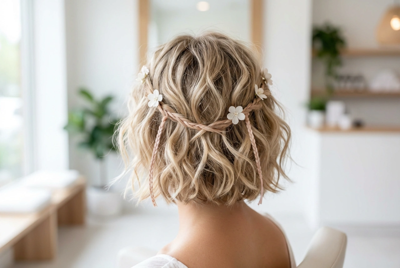 Boho-Frisur für kurze Haare: Lässige Textur, Wellen und Schmuck