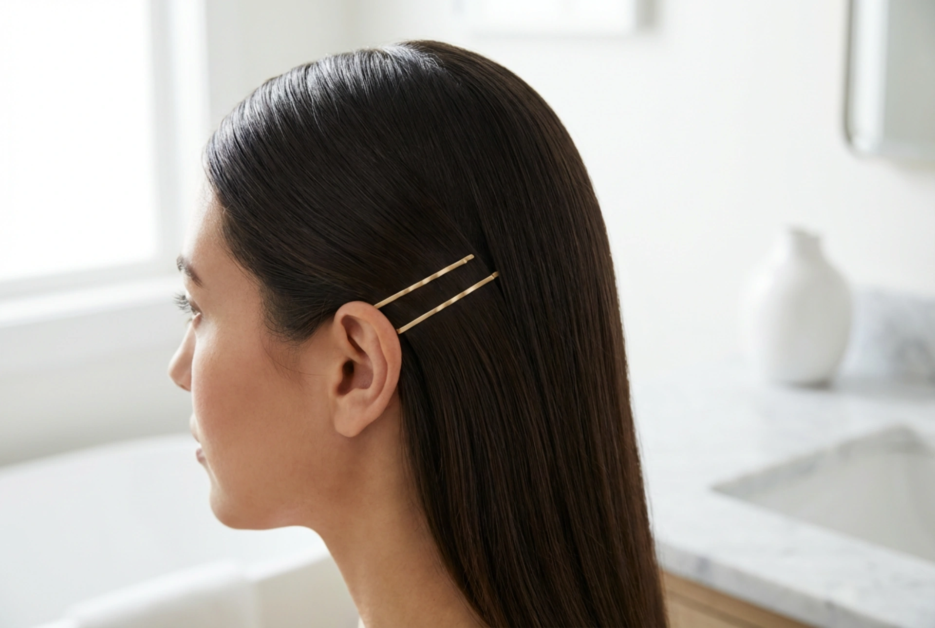 Damenfrisur hinter dem Ohr: Elegantes Styling mit Haarklammern und Gel