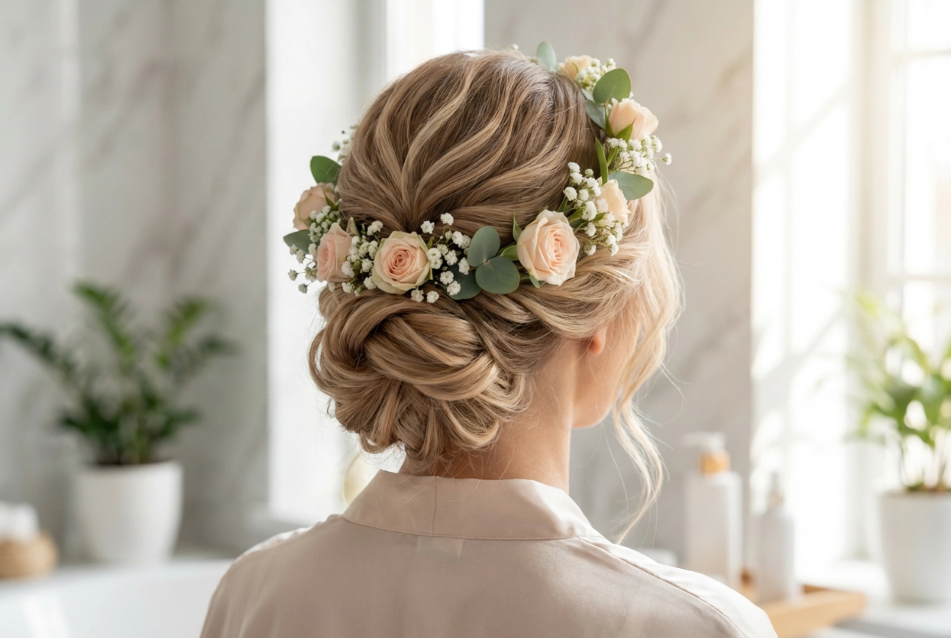 Hochzeitsfrisur mit Blumenkranz: Leichte Hochsteckfrisuren und Wellen für den ganzen Tag