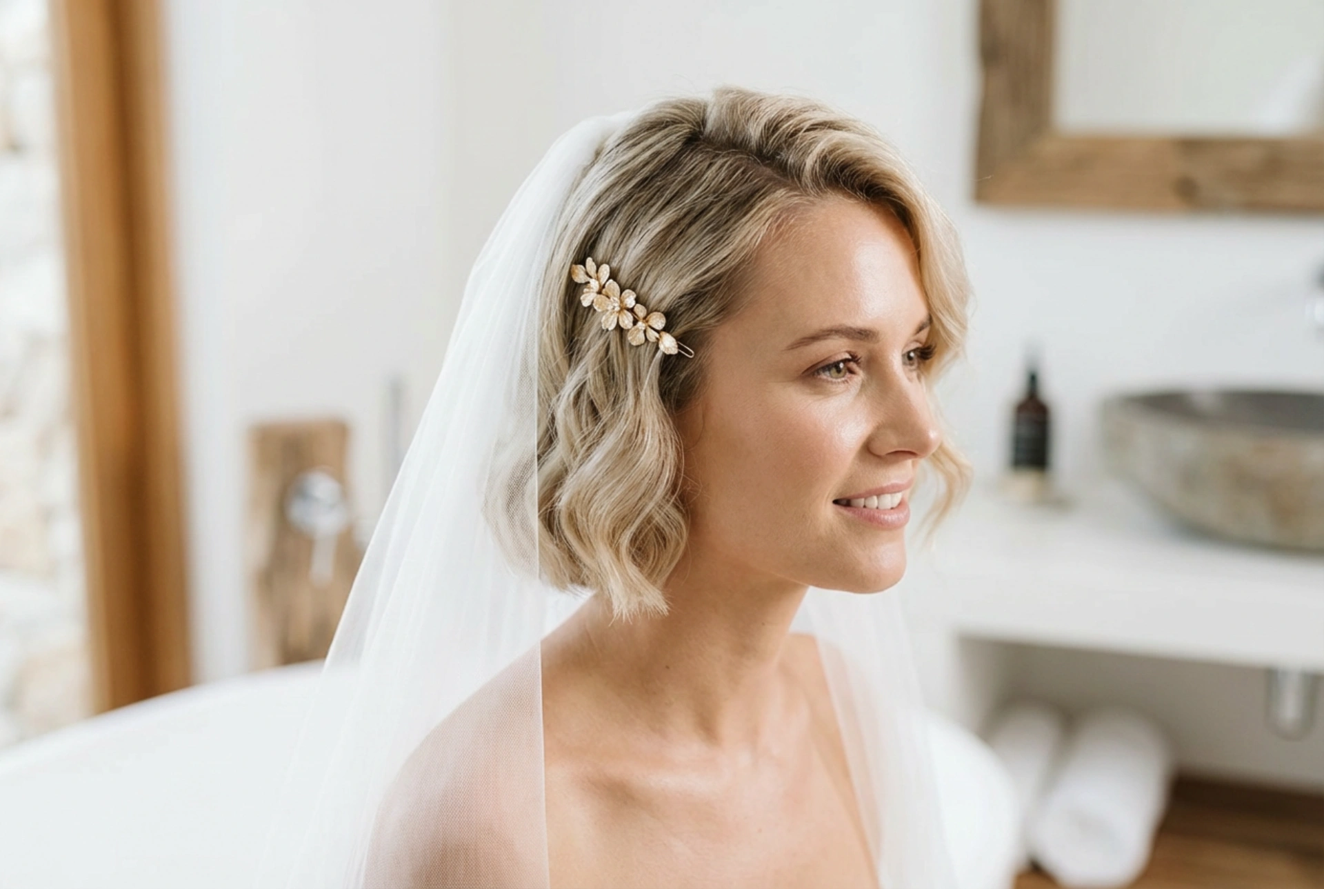 Brautfrisuren für kurzes Haar: Elegante Wellen, Haarschmuck und Schleier