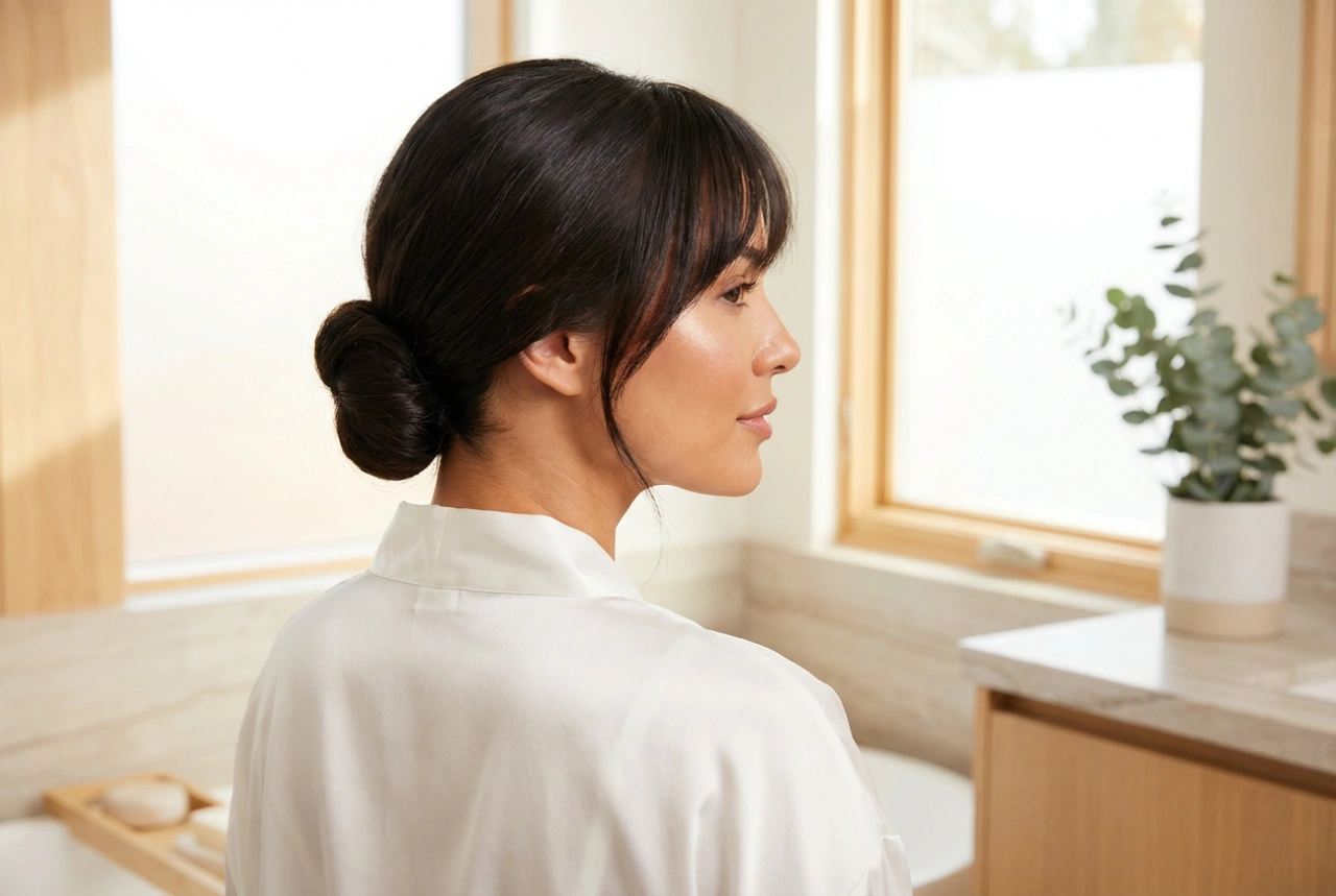 Der perfekte Dutt mit Pony: Volumen und Glätte in Balance