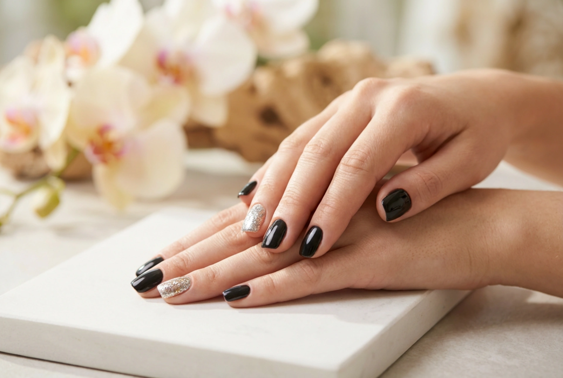 Schwarze Nägel mit Glitzer: Anwendungstechniken und häufigste Fehler