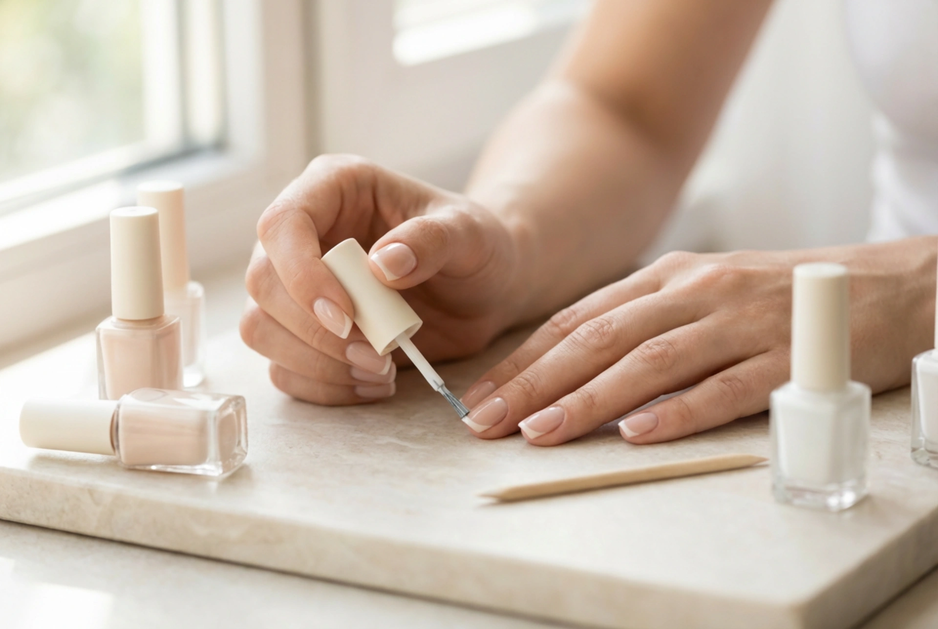 French-Maniküre-Set: Nagelvorbereitung und präzises Lackieren