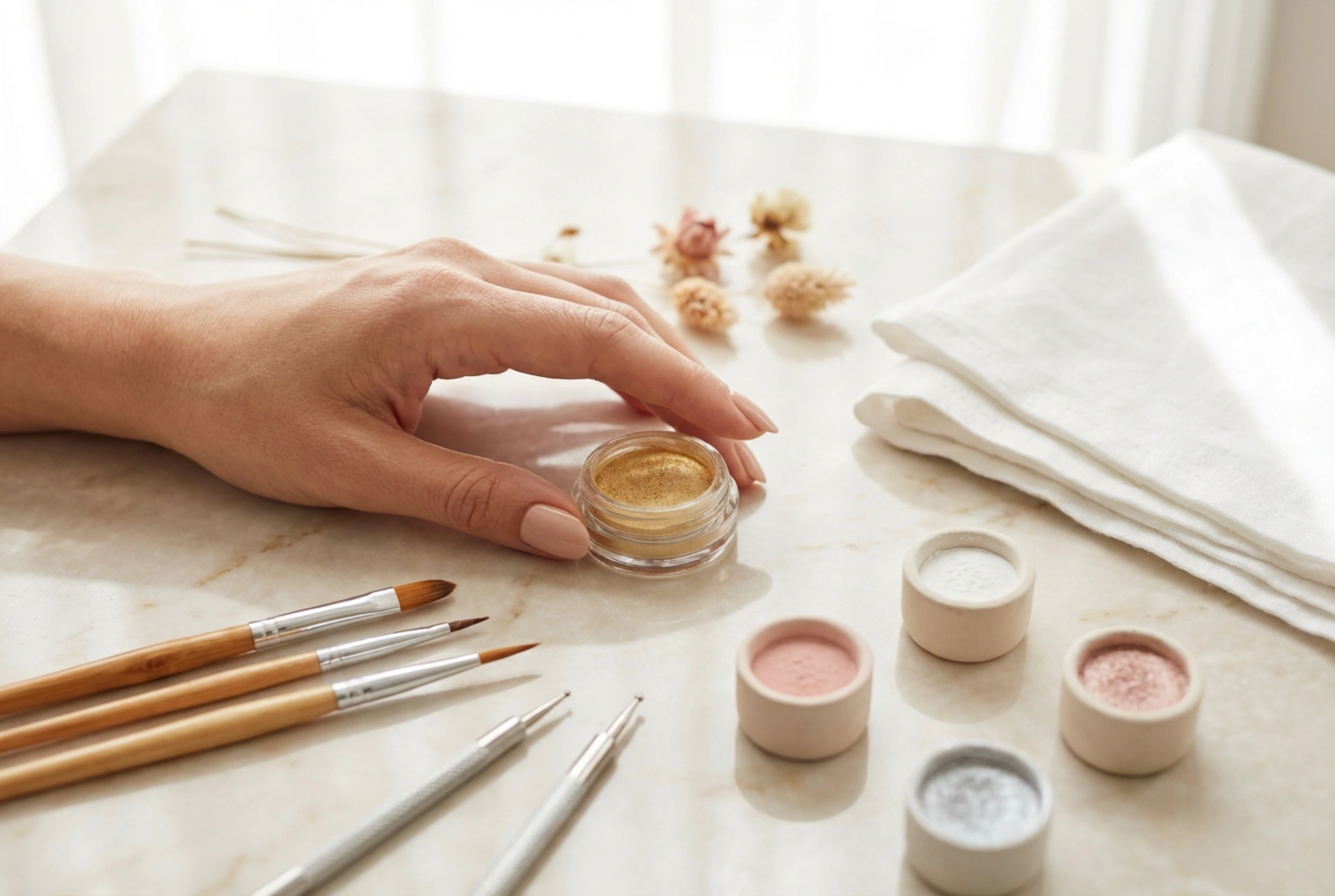 Nagelkunst-Set: Pinsel, Dotting Tools, Glitzerpuder und ihre Anwendung