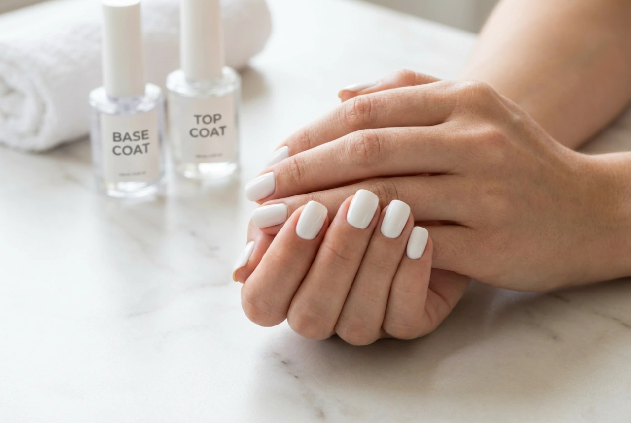 Streifenfreie weiße Hybrid-Nägel: Basis, zwei dünne Schichten, Topcoat