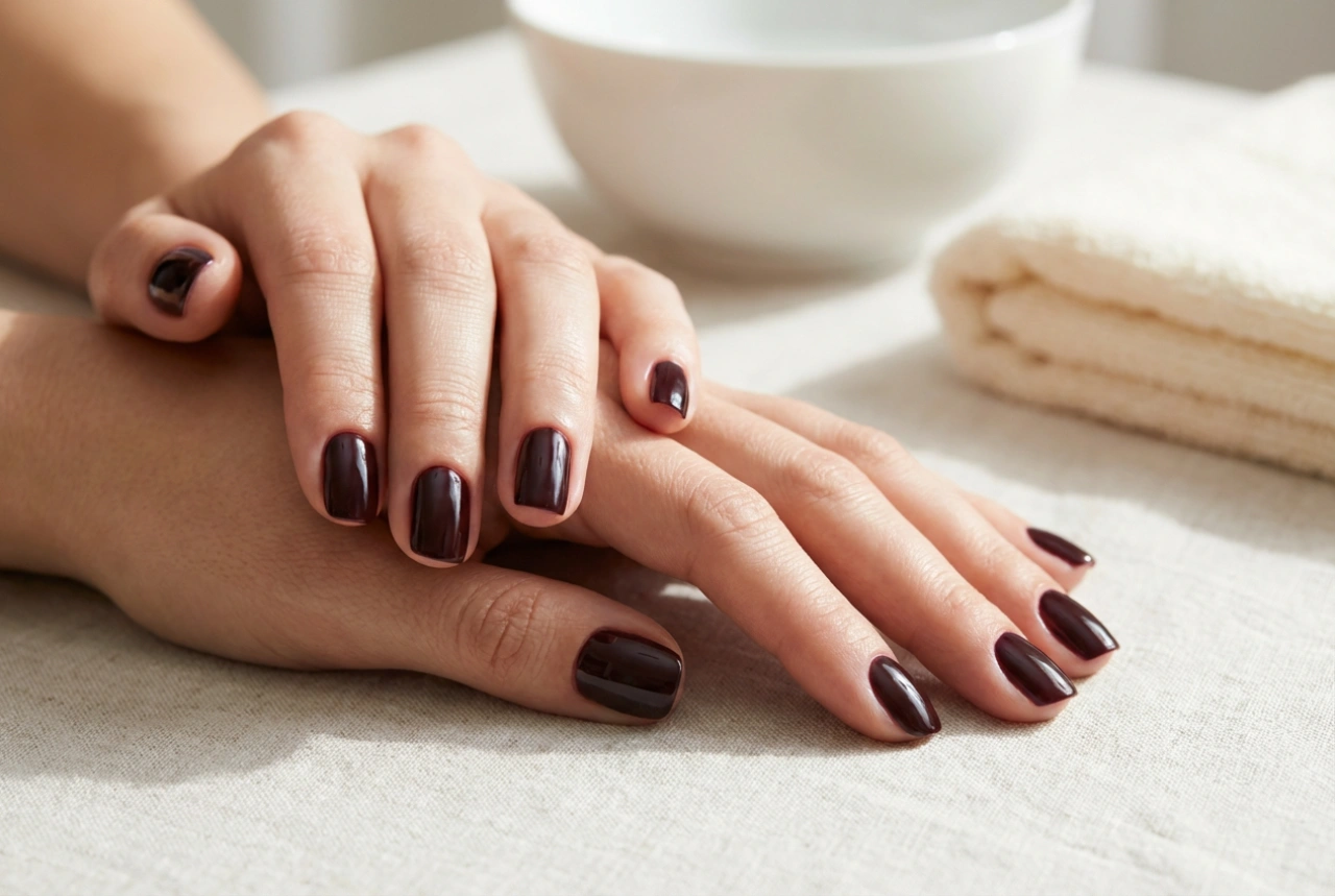Dunkle Hybridnägel: Saubere Linien an der Nagelhaut und tiefe Farbbrillanz