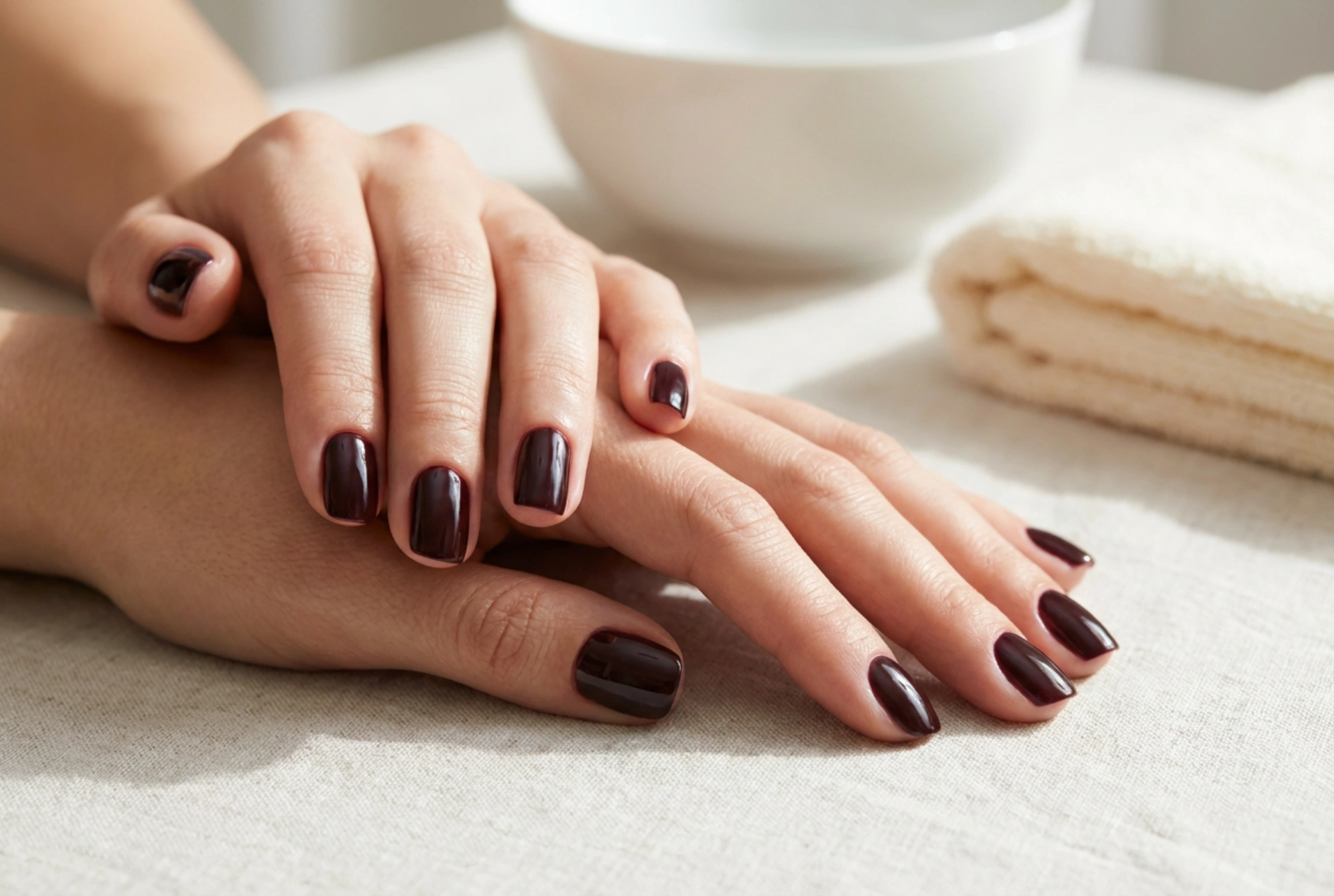 Dunkle Hybridnägel: Saubere Linien an der Nagelhaut und tiefe Farbbrillanz