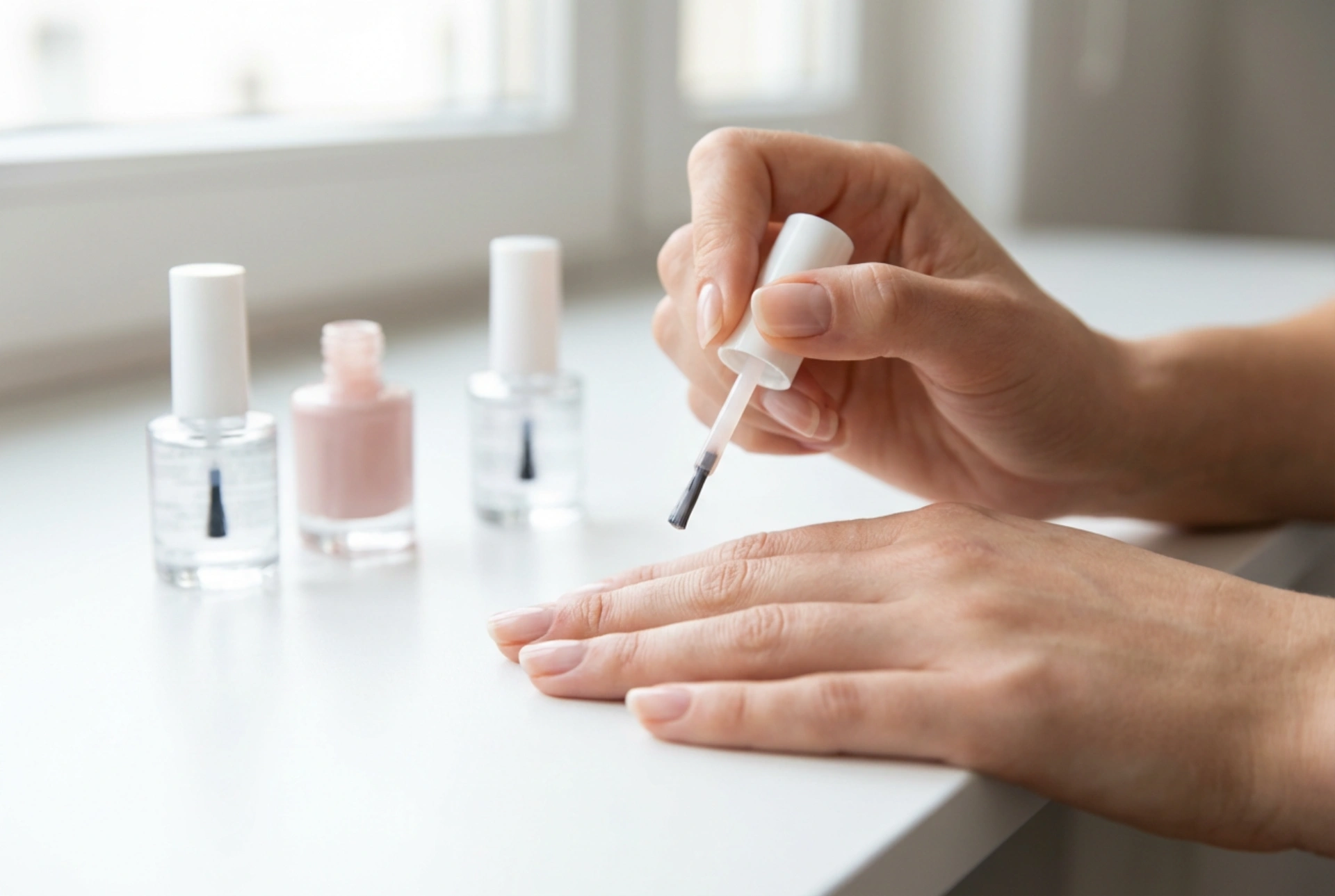 Heller Hybrid-Nagellack ohne Streifen: Basis, dünne Schichten, Top Coat