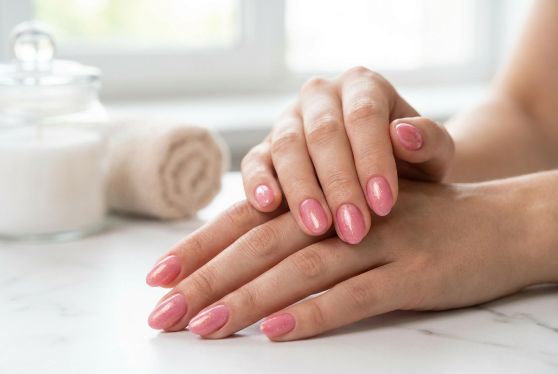 Rosa Hybrid-Nagellack mit Glitzerpartikeln: Gleichmäßige Deckkraft, Glanz und Haltbarkeit