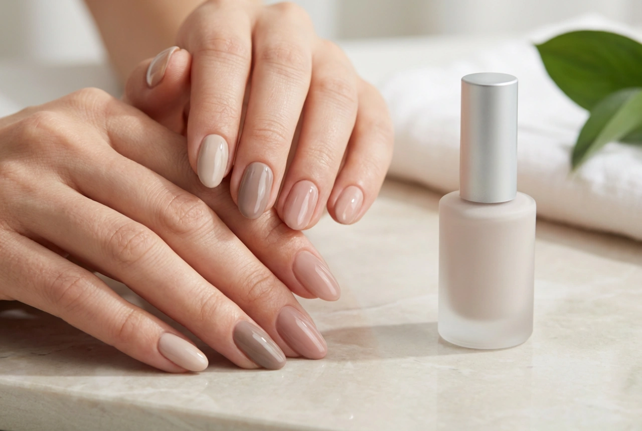 Natürliche UV-Nägel: Nude-Nuancen, dünner Auftrag und glänzendes Finish