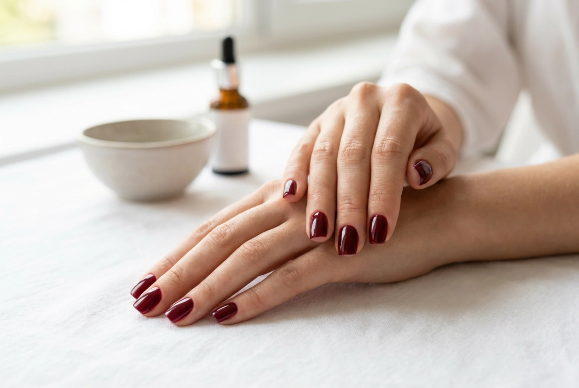 Bordeaux-Nagellack: Vorbereitung, gleichmäßige Schichten und Top Coat