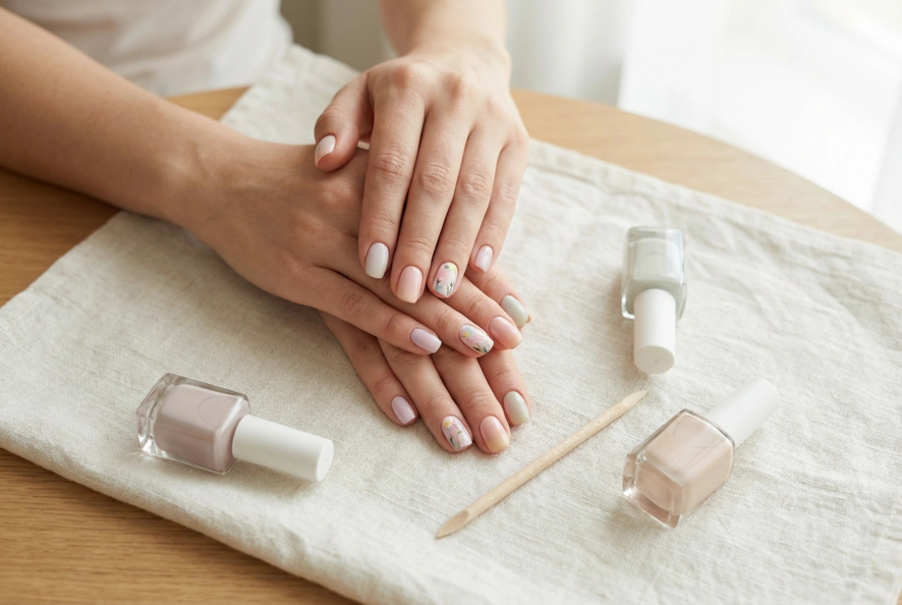 Frühlingshafte Hybrid-Nägel: Frische Farben, florale Akzente und Top-Coat
