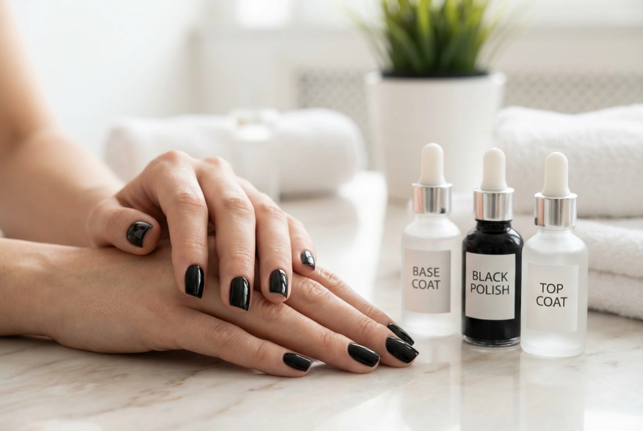 Schwarze Nägel ohne Streifen: Base Coat, dünne Schichten und Top Coat