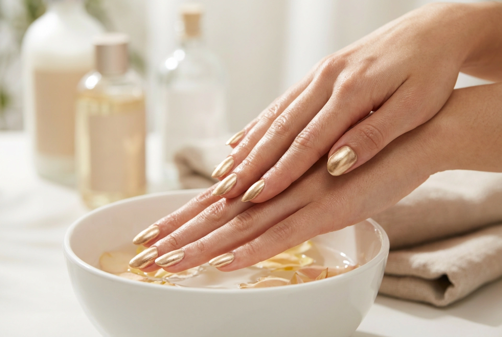 Goldene Nägel für Tag und Abend: Wie man einen gleichmäßigen Glanz erzielt