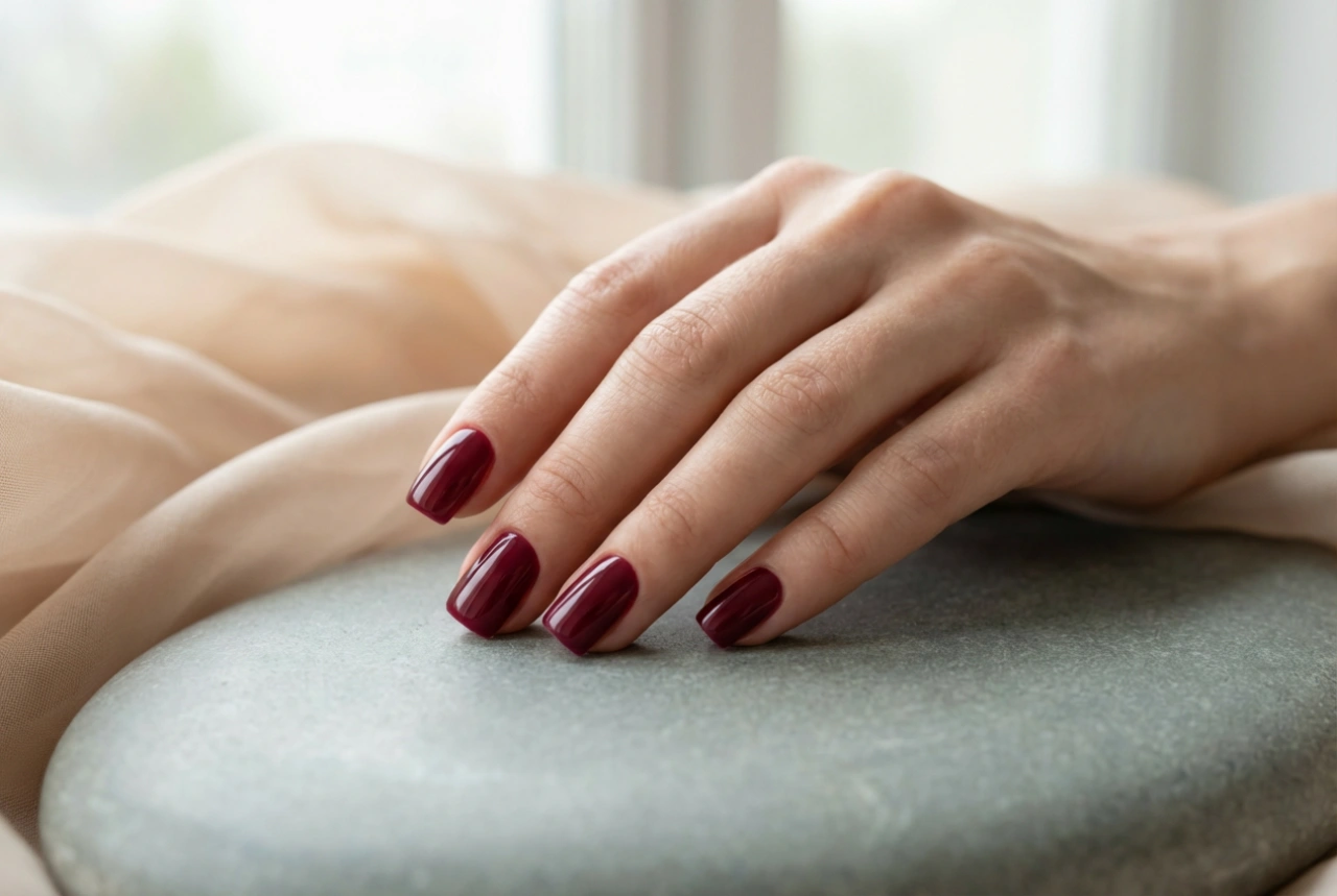 Quadratische burgunderrote Nägel: Formgebung, Lackierung, Top Coat