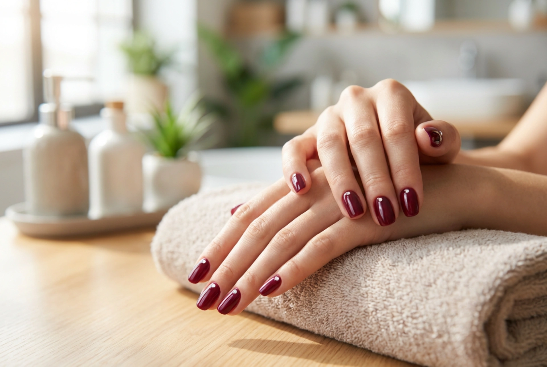 Burgunderrote Nägel mit Strasssteinen: Kleben, Anordnen und Sichern