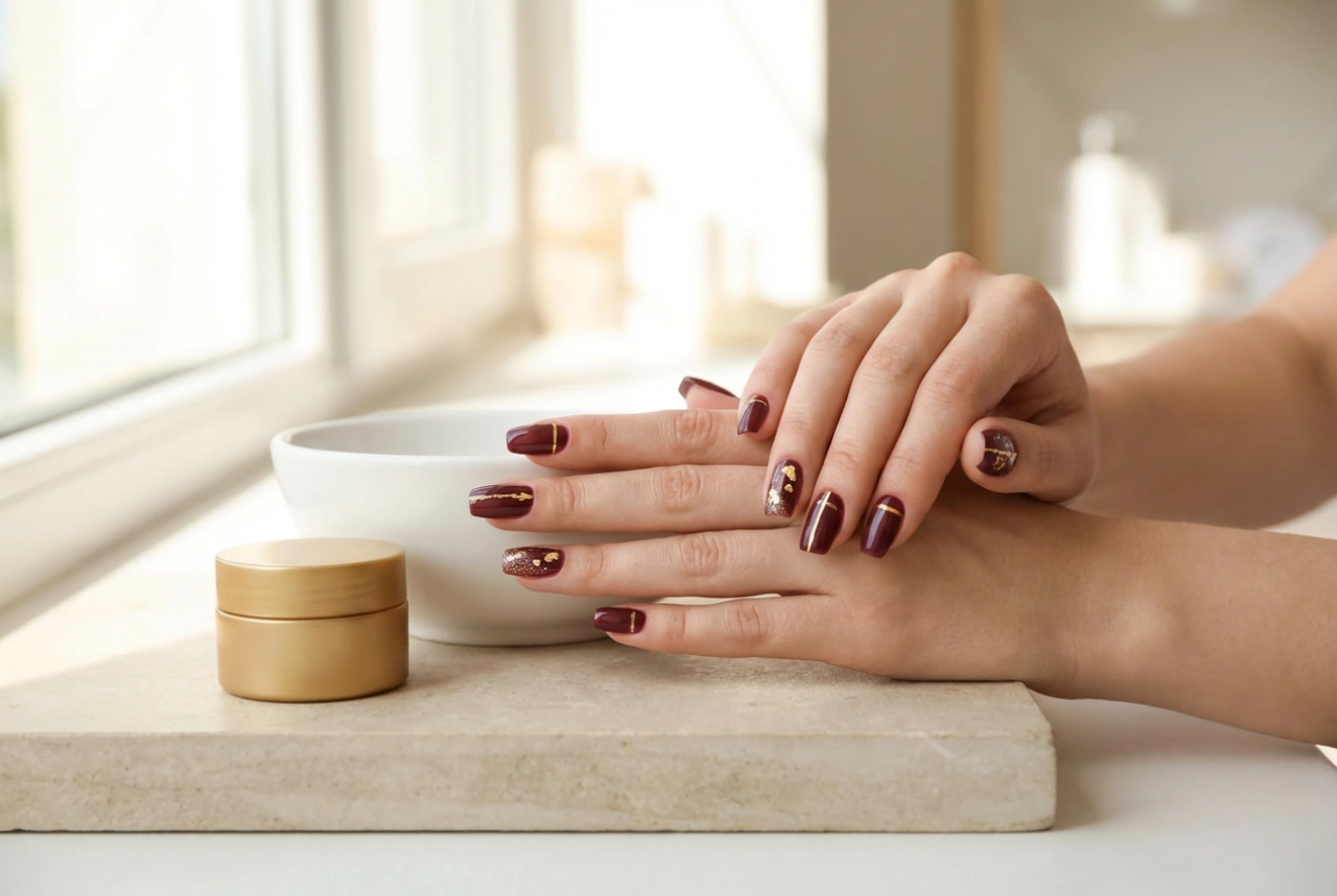 Bordeauxrote Nägel mit Gold: feine Linien, Folie und Glitzerstaub