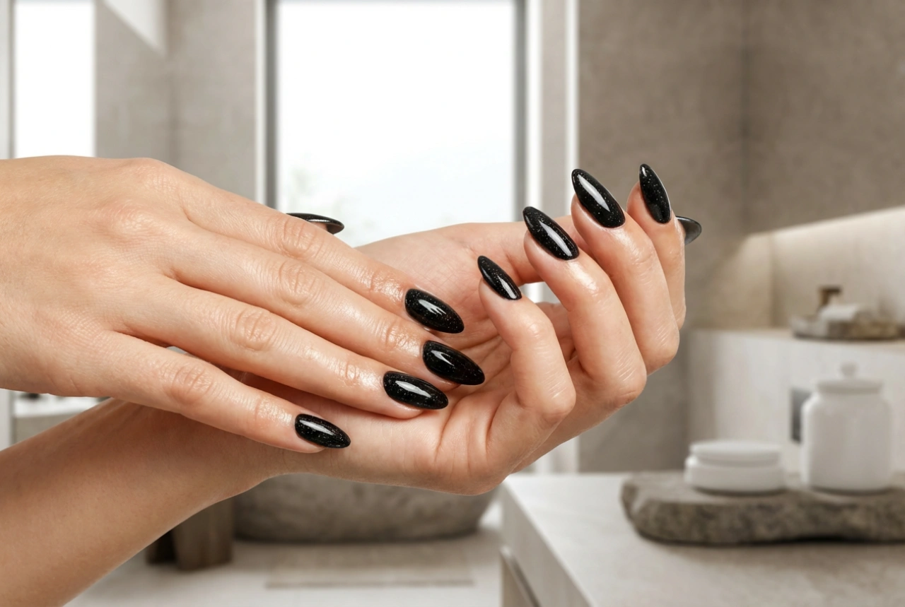 Schwarze Nägel mit Glitzerpartikeln: gleichmäßiger Glanz und glatte Oberfläche