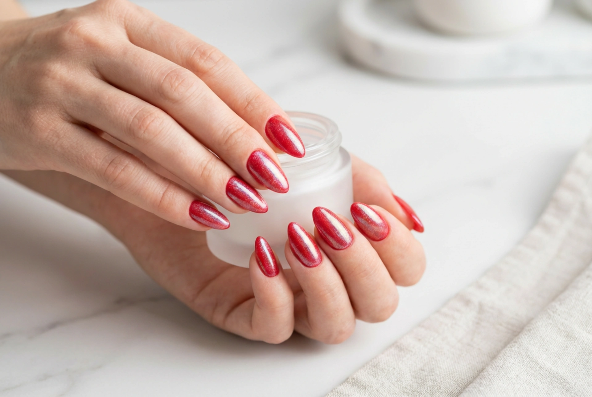 Nagelpuder auf roten Nägeln: Spiegel- und Meerjungfrauen-Effekte