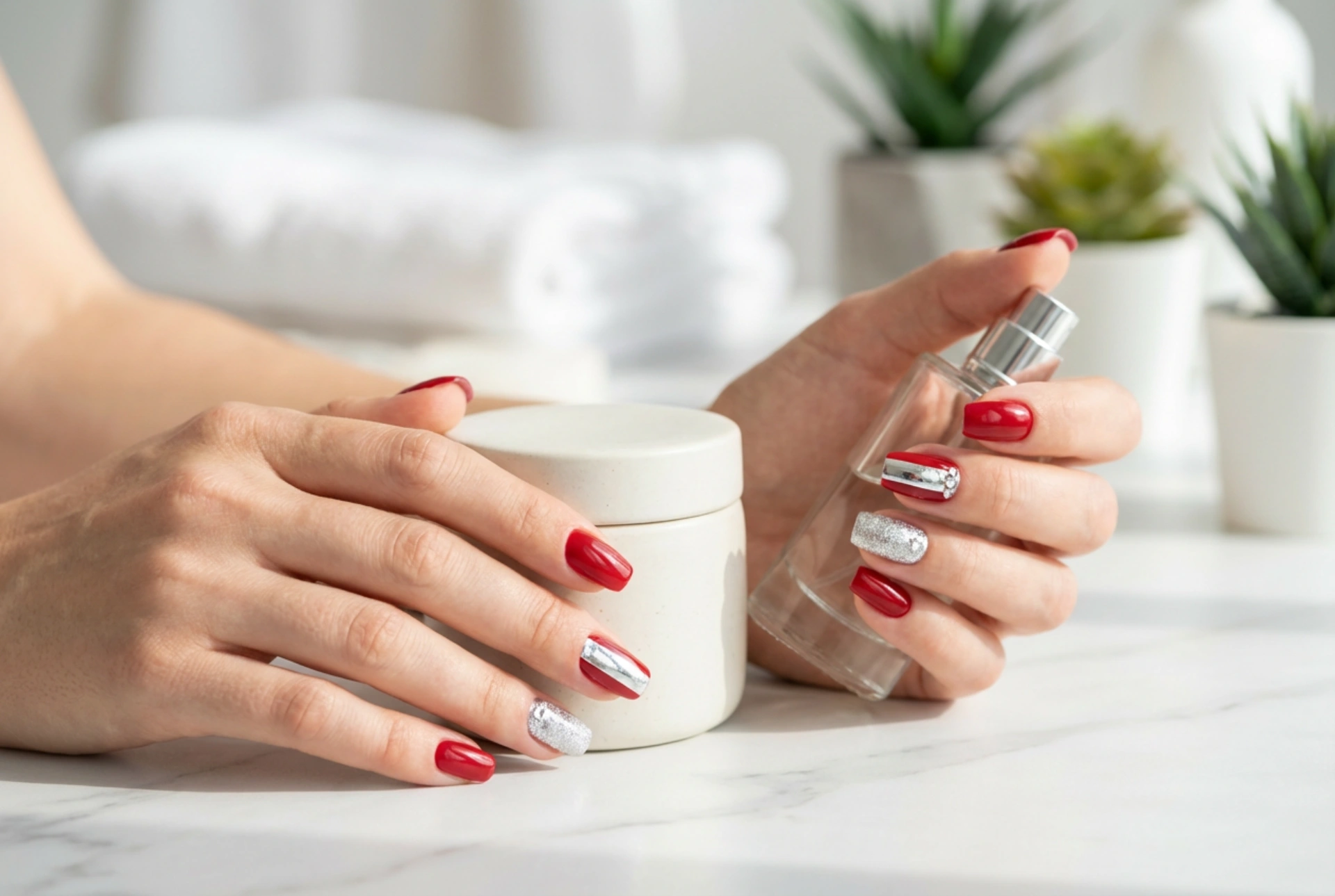 Rote Nägel mit Silber: Wie man Glitzer, Transferfolie und Strasssteine stilvoll kombiniert