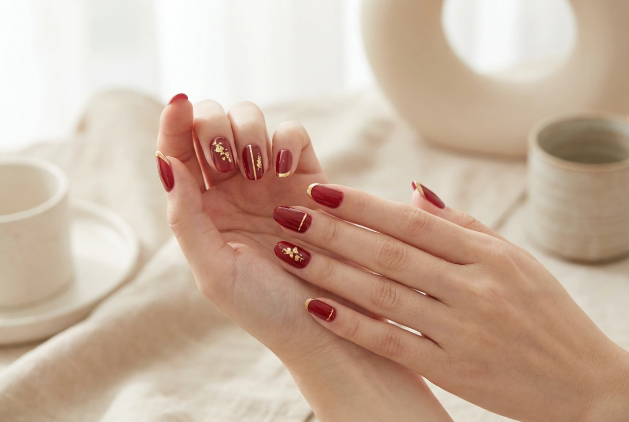 Goldene Akzente auf roten Nägeln: Folien, Streifen und French