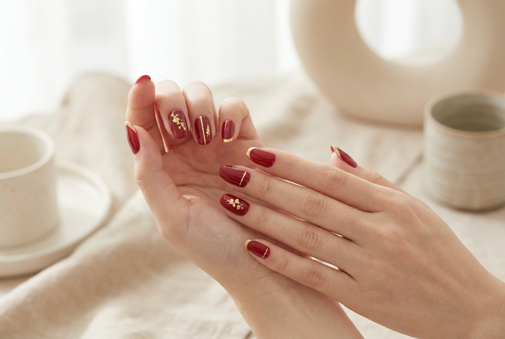 Goldene Akzente auf roten Nägeln: Folien, Streifen und French