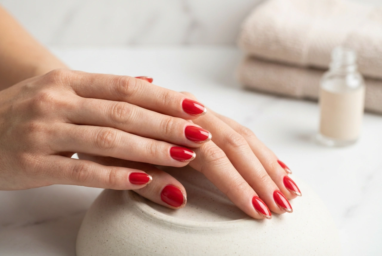 Roter French mit Glitzer: Eine gleichmäßige Smile-Linie und Glanz