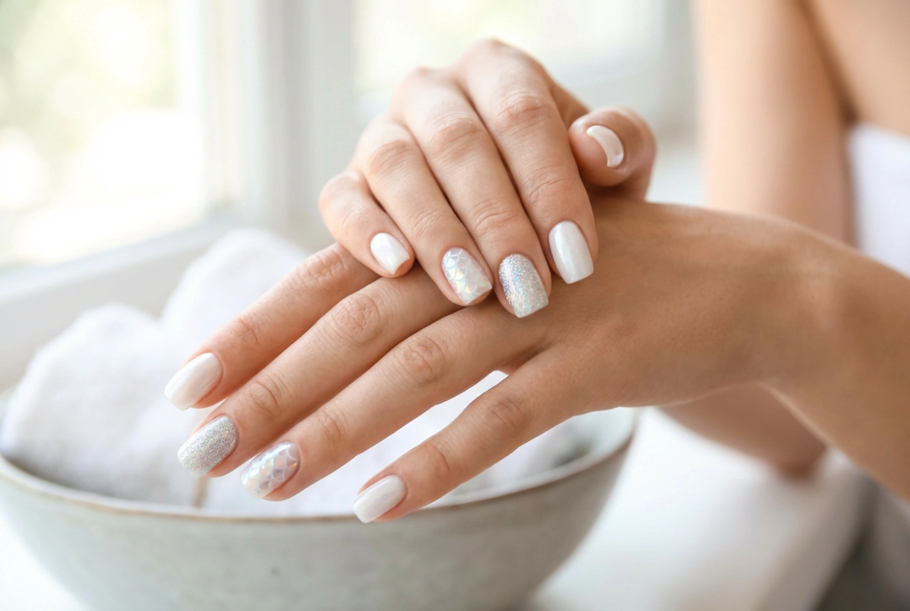 Weiße Nägel mit Effektpuder: Meerjungfrauen-Effekt, Holo und Perle Schritt für Schritt