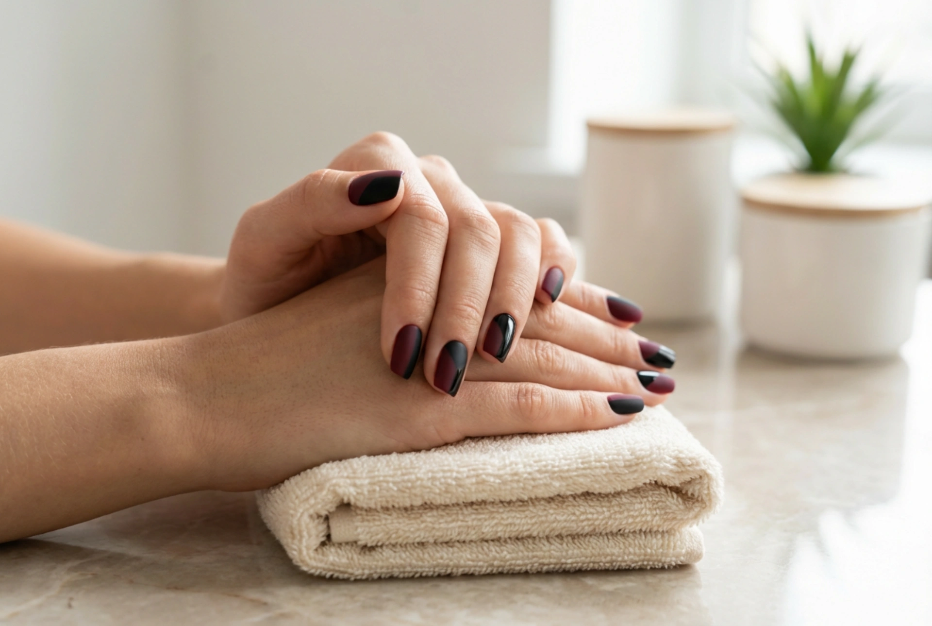 Bordeauxrote Nägel mit Schwarz: Geometrische Linien, Matt und Glanz
