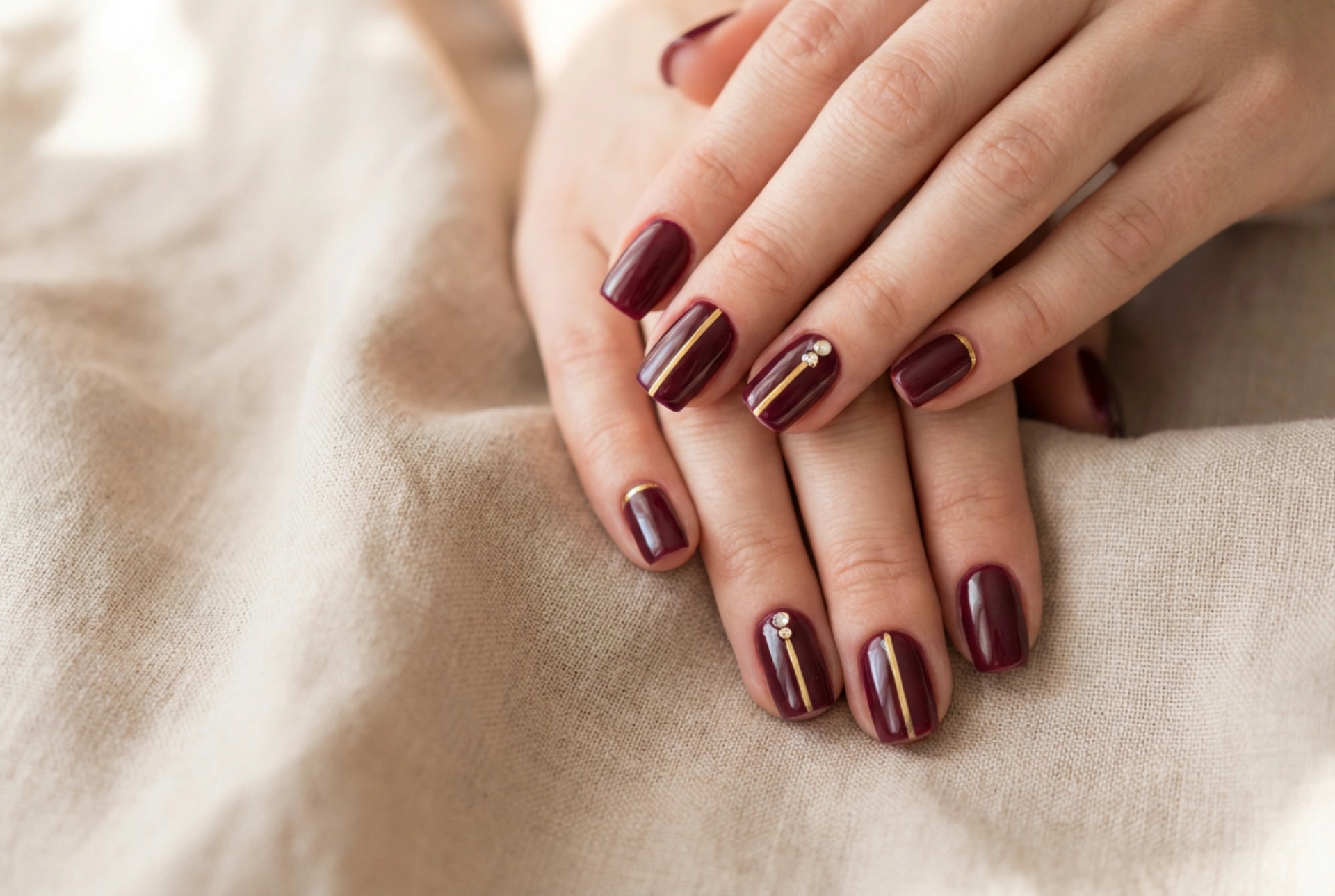 Bordeauxrote Nägel mit Gold: Luxuriöse Details, Streifen und Strasssteine
