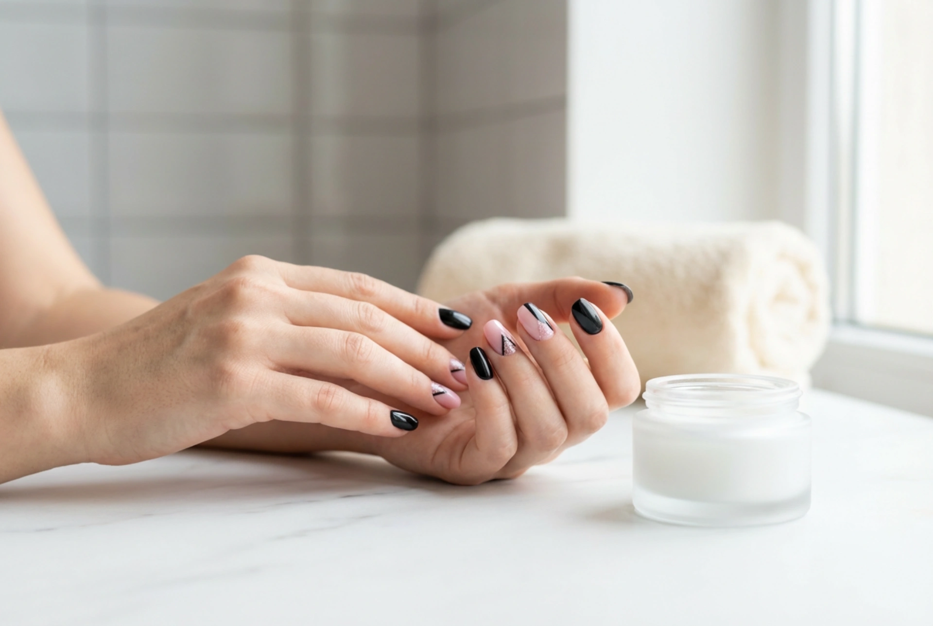 Schwarze Nägel mit Rosa: Geometrische Akzente und Glitzer Schritt für Schritt