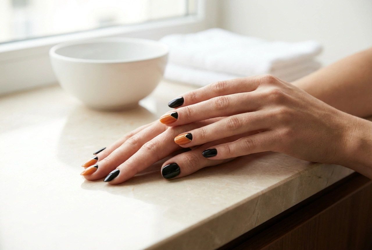 Schwarz-orangefarbene Nägel: Halloween- und Alltags-Stylings Schritt für Schritt