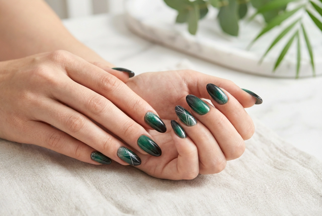 Schwarz-grüne Nägel: Smokey Ombre, Glasstaub und geometrische Linien