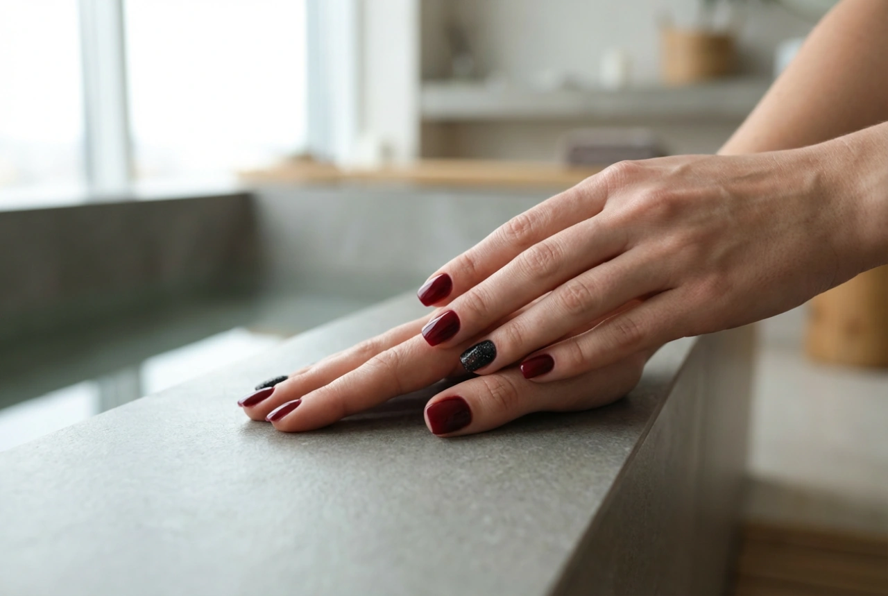 Rote Nägel mit schwarzem Glitzer: Wie man Texturen und Farben kombiniert