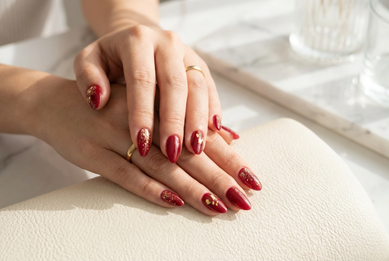 Rote Nägel mit Gold: Glitzer, Folien und Verzierungen Schritt für Schritt