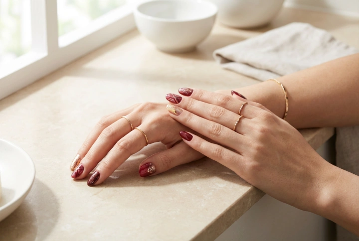 Elegante Kombination: Rote Nägel mit Gold in drei Varianten