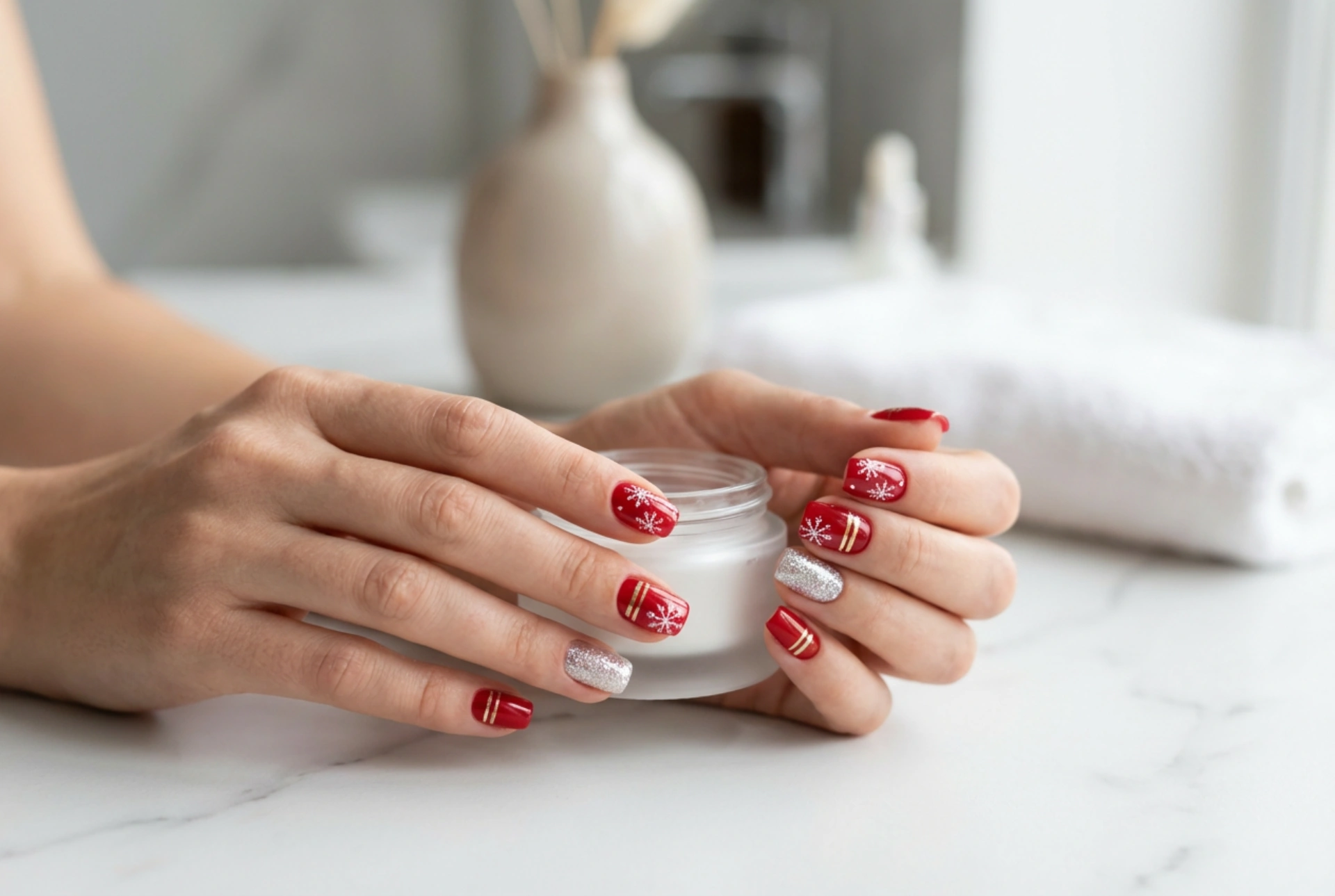Weihnachtliche rote Nägel: Schneeflocken, Streifen und glitzernde Akzente