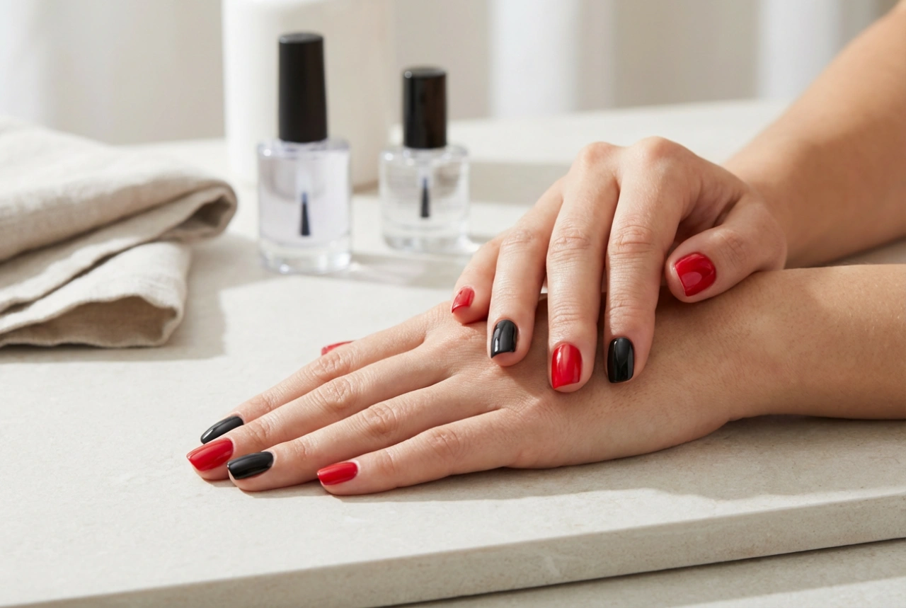 Rot-schwarze Nägel: Wie man Farben kombiniert, ohne dass sie ineinander verlaufen